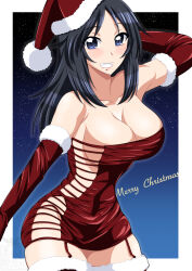 Rule 34 | 1girl, arm behind head, arm up, bare shoulders, blue eyes, blue hair, blush, breasts, christmas, cleavage, commentary, cowboy shot, cursive, dress, elbow gloves, english text, freckles, fur-trimmed gloves, fur-trimmed thighhighs, fur trim, garter straps, girls und panzer, gloves, grin, hat, highres, ichijou takakiyo, large breasts, looking at viewer, merry christmas, microdress, night, night sky, outside border, red dress, red gloves, red hat, red thighhighs, santa gloves, santa hat, side-tie dress, sky, smile, solo, standing, star (sky), starry sky, strapless, strapless dress, thighhighs, yamagou ayumi