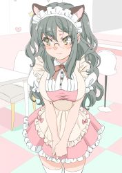 Rule 34 | 1girl, alternate costume, animal ears, apron, bar stool, blush, bow, breasts, brown eyes, cat ears, chair, commentary request, dress, enmaided, frilled dress, frills, futaba rio, glasses, grey hair, heart, highres, large breasts, long hair, looking away, maid, maid apron, maid cafe, maid headdress, own hands together, pink bow, pink dress, puffy short sleeves, puffy sleeves, seishun buta yarou, short sleeves, solo, star (symbol), stool, table, tamura satomi, thighhighs, two side up, wavy mouth, white thighhighs