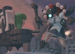 Rule 34 | 2girls, bird wings, black gloves, camera, camera man (skibidi toilet), commentary, english commentary, evil grin, evil smile, frilled skirt, frills, giant, giantess, gloves, green hair, grin, hair ornament, hammer, hat, highres, holding, holding hammer, kisume, looking at another, multiple girls, neck ribbon, object head, pom pom (clothes), profitshame, red hat, ribbon, shameimaru aya, shirt, short sleeves, skibidi toilet (character), skibidi toilet (series), skirt, smile, tokin hat, touhou, twintails, white shirt, wings