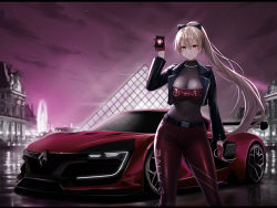 Rule 34 | 1girl, absurdres, azur lane, backlighting, belt, black jacket, blonde hair, bodystocking, breasts, city, cleavage, closed mouth, covered navel, cropped jacket, feet out of frame, gloves, highres, holding, jacket, jean bart (azur lane), kcar66t, large breasts, long hair, long sleeves, looking at viewer, louvre pyramid, night, open clothes, open jacket, outdoors, pants, ponytail, purple sky, red eyes, red gloves, red pants, renault, sky, solo, standing, star (sky), starry sky, strapless, tube top, unzipped, vehicle request, very long hair