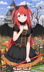 Rule 34 | 1girl, alternate costume, bird, black dress, blue eyes, blue sky, blush, breasts, crow, day, demon girl, demon horns, demon tail, demon wings, dress, european architecture, fake horns, fishnets, frilled dress, frills, halloween, halloween costume, highres, holding trident, horns, jack-o&#039;-lantern, long hair, looking at viewer, medium breasts, official art, open mouth, outdoors, polearm, puffy short sleeves, puffy sleeves, pumpkin, re:zero kara hajimeru isekai seikatsu, re:zero kara hajimeru isekai seikatsu: lost in memories, red eyes, short sleeves, sky, solo, tail, theresia van astrea, third-party source, trident, two side up, weapon, wings