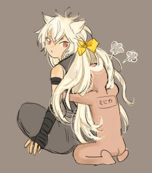 Rule 34 | 10s, 1boy, animal ears, bare shoulders, bowtie, closed mouth, fox ears, from behind, full body, grey background, hug, japanese clothes, kogitsunemaru, long hair, looking back, male focus, personification, ponytail, red eyes, ribbon, saniwa (touken ranbu), simple background, sitting, solo focus, touken ranbu, traditional clothes, tsurime, very long hair, white hair, zoosama