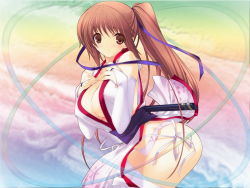 Rule 34 | 1girl, blush, breasts, brown eyes, brown hair, cleavage, dead or alive, dress, hands on own chest, iizuki tasuku, japanese clothes, kasumi (doa), large breasts, leaning forward, long hair, nipples, no bra, panties, pantyshot, pelvic curtain, pink panties, ponytail, rainbow background, ribbon, scabbard, sheath, solo, standing, tecmo, thighhighs, underwear, white thighhighs, wind, wind lift