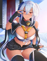 Rule 34 | 1girl, arm support, bare shoulders, between breasts, black capelet, black gloves, black nails, black skirt, black thighhighs, blush, breasts, budget sarashi, capelet, closed mouth, collar, dark-skinned female, dark skin, fingernails, glasses, gloves, hair between eyes, highres, kantai collection, large breasts, long hair, looking at viewer, metal collar, musashi (kancolle), musashi kai (kancolle), nail polish, navel, partially fingerless gloves, pleated skirt, red eyes, sailor collar, sarashi, silver hair, sitting, skirt, smile, solo, tassel, thighhighs, twintails, very long hair, yunamaro