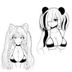 Rule 34 | 2girls, :3, animal ear fluff, animal ears, arknights, bikini, braid, breasts, collarbone, commentary, cropped torso, english commentary, eyelashes, fang, fang out, feater (arknights), greyscale, hair over one eye, highres, kentumatsu, large breasts, leopard ears, long hair, looking at viewer, monochrome, multicolored hair, multiple girls, panda ears, pramanix (arknights), simple background, smile, streaked hair, swimsuit, twin braids, twintails, upper body, white background