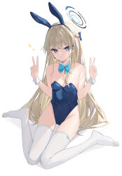 Rule 34 | 1girl, absurdres, animal ears, bare shoulders, blonde hair, blue archive, blue bow, blue eyes, blue hair, blue leotard, bow, braid, breasts, cleavage, detached collar, double v, earphones, earrings, fake animal ears, full body, hair bow, halo, highleg, highleg leotard, highres, jewelry, leotard, long hair, looking at viewer, medium breasts, multicolored hair, official alternate costume, playboy bunny, rabbit ears, sitting, solo, sparkle, strapless, strapless leotard, thighhighs, toki (blue archive), toki (bunny) (blue archive), v, wariza, white background, white thighhighs, wrist cuffs, xiao lin jiu