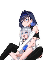 Rule 34 | 1boy, 1girl, :d, absurdres, bare arms, bare legs, bare shoulders, black hair, black thighhighs, blue eyes, blue hair, boros (ouro kronii), breasts, colored inner hair, commentary, detached sleeves, dress, english commentary, fang, grey hair, hair between eyes, hair intakes, highres, hololive, hololive english, hug, koizumi arata, large breasts, long sleeves, multicolored hair, open mouth, ouro kronii, ouro kronii (1st costume), personification, short hair, simple background, sitting, skin fang, sleeveless, sleeveless dress, slit pupils, smile, thighhighs, trap, two-tone hair, virtual youtuber, white background, white dress