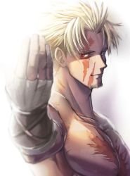Rule 34 | 1boy, bara, beowulf (fate), blonde hair, facial hair, fate/grand order, fate (series), goatee, large pectorals, male focus, manly, muscular, pectorals, red eyes, scar, short hair, smile, solo, tattoo, topless male, upper body, waku (ayamix)