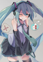 Rule 34 | 1girl, aqua hair, aqua necktie, bare shoulders, black skirt, black sleeves, black thighhighs, blue eyes, blush, breast pocket, breasts, breath, collarbone, collared shirt, cowboy shot, detached sleeves, embarrassed, female focus, flying sweatdrops, grey background, grey shirt, hair ornament, half-closed eye, hatsune miku, have to pee, headphones, highres, long hair, long sleeves, miniskirt, necktie, nose blush, one eye closed, open mouth, pleated skirt, pocket, shirt, sidelocks, skirt, sleeveless, sleeveless shirt, small breasts, solo, speech bubble, spoken x, standing, talking, tears, thighhighs, toilet, twintails, urine meter, v arms, very long hair, vocaloid, watakarashi, wince, zettai ryouiki