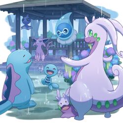 Rule 34 | blue eyes, castform, castform (rainy), closed eyes, closed mouth, creatures (company), espeon, flower, game freak, gen 2 pokemon, gen 3 pokemon, gen 6 pokemon, goodra, goomy, green eyes, nintendo, open mouth, pokemon, pokemon (creature), purple eyes, quagsire, rain, shuppet, smile, wataame4907, wet, wooper