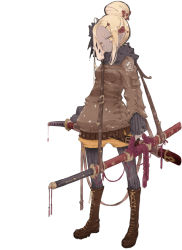 Rule 34 | 1girl, ahoge, belt, blonde hair, boots, breasts, brown footwear, brown jacket, colored skin, commentary request, cross-laced footwear, emblem, flower, forehead, full body, grey skin, hair bun, hair flower, hair ornament, hairclip, head tilt, holding, holding sword, holding weapon, jacket, katana, kona (konahana), long sleeves, looking at viewer, original, pantyhose, parted bangs, pointy ears, scarf, sheath, sheathed, short hair, shorts, sidelocks, simple background, single hair bun, small breasts, solo, standing, striped clothes, striped pantyhose, sword, thick eyebrows, vertical-striped clothes, vertical-striped pantyhose, weapon, white background, yellow eyes