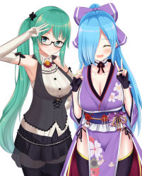 Rule 34 | .live, 2girls, armpits, bad id, bad twitter id, blue hair, blush, breasts, closed eyes, commentary request, detached sleeves, fingerless gloves, glasses, gloves, green eyes, green hair, hair over one eye, japanese clothes, kagura suzu (.live), large breasts, long hair, long sleeves, looking at viewer, multiple girls, open mouth, sleeveless, thighhighs, virtual youtuber, yamato iori