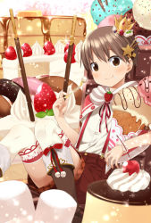 Rule 34 | 1boy, agemono, bad id, bad pixiv id, blush, boots, brown eyes, brown hair, cake, candy, cherry, crown, food, fruit, hair ornament, ice cream, ice cream cone, looking at viewer, male focus, marshmallow, original, pancake, pancake stack, pocky, ribbon, short hair, shorts, smile, solo, sparkle, strawberry, suspenders, thighhighs, white thighhighs