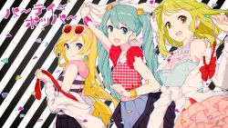 Rule 34 | 3girls, :d, blonde hair, blue eyes, casual, eyewear on head, green eyes, green hair, gumi, hatsune miku, jewelry, kise (swimmt), lily (vocaloid), long hair, looking at viewer, multiple girls, necklace, open mouth, short hair, smile, twintails, vocaloid