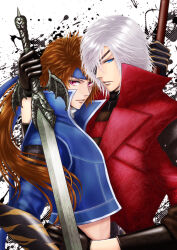 2boys alastor_(sword) alternate_color black_gloves blue_eyes blue_headband blue_jacket brown_hair cosplay dante_(devil_may_cry) dante_(devil_may_cry)_(cosplay) date_masamune_(sengoku_basara) devil_may_cry_(series) devil_may_cry_1 eyepatch frown gloves hand_on_another&#039;s_waist headband holding holding_sword holding_weapon jacket long_hair looking_at_viewer mairu0358 male_focus multiple_boys official_alternate_costume parted_lips pink_eyes ponytail popped_collar red_jacket sanada_yukimura_(sengoku_basara) sengoku_basara short_hair slit_pupils splatter_background sword weapon white_background white_hair yaoi