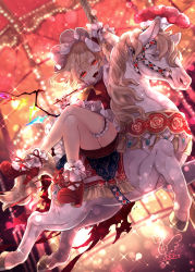 Rule 34 | 1girl, ascot, bare legs, blonde hair, bridal garter, candy, carousel, commentary request, crossed legs, fangs, flandre scarlet, food, full body, hat, highres, holding, holding food, lollipop, long hair, looking at viewer, mob cap, nail polish, red eyes, red footwear, red nails, red vest, shoes, sitting, smile, socks, solo, sparkle, touhou, toutenkou, upskirt, vest, white hat, white socks, wings, wrist cuffs