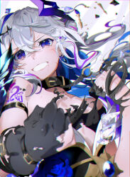 Rule 34 | absurdres, amane kanata, black collar, black gloves, blue flower, blue hair, blue rose, broken, clenched hands, collar, colored inner hair, earrings, flower, gloves, grey hair, highres, hololive, jewelry, light smile, multicolored hair, purple eyes, rokka (rokka 013a), rose, shoulder tattoo, smile, tattoo, torn clothes, torn gloves, virtual youtuber