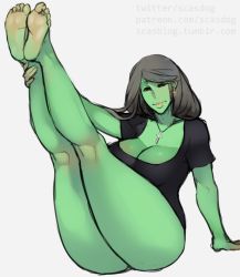 Rule 34 | 1girl, ass, barefoot, black hair, breasts, cleavage, colored skin, earrings, fangs, feet, female orc, green skin, jewelry, large breasts, legs up, long hair, looking at viewer, mature female, necklace, orc, red eyes, scathegrapes, soles, toes