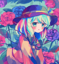 Rule 34 | 1girl, blue flower, blush, buttons, child, collar, collared shirt, colorful, commentary request, crystal, eyeball, floral background, flower, frilled collar, frilled shirt collar, frills, from side, green eyes, green skirt, hat, hat ribbon, headwear request, heart, heart of string, kneeling, komeiji koishi, leaf, looking at viewer, multicolored clothes, multicolored hair, open mouth, puroshimin, purple flower, red flower, ribbon, rose, shirt, short hair, skirt, solo, streaked hair, string, third eye, touhou, upper body, yellow shirt