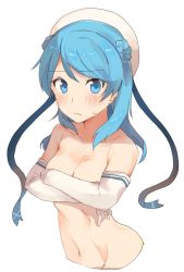 Rule 34 | 10s, 1girl, blue eyes, blue hair, blush, breasts, cleavage, covering breasts, covering privates, cropped torso, crossed arms, double bun, elbow gloves, gloves, hair bun, hat, kantai collection, matching hair/eyes, navel, nude, senbei (senbe i), simple background, small breasts, solo, sweatdrop, upper body, urakaze (kancolle), white background, white gloves, white hat