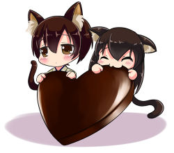 Rule 34 | 10s, 2girls, :3, akagi (kancolle), animal ears, black hair, brown eyes, brown hair, candy, cat ears, cat tail, chibi, chocolate, chocolate heart, eating, erusen (des-arms), closed eyes, food, heart, kaga (kancolle), kantai collection, kemonomimi mode, long hair, looking at viewer, lowres, multiple girls, content rating, side ponytail, tail, valentine