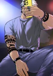 Rule 34 | 1boy, arm tattoo, bara, beard, belt, black nails, black wristband, cellphone, check copyright, copyright request, denim, facial hair, highres, holding, holding phone, iphone, iphone 11, jeans, jewelry, kowamote (1515 iiotkwkk), nail polish, original, pants, phone, ring, short sleeves, smartphone, solo, taking picture, tattoo, white hair