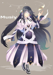 Rule 34 | 1girl, beamed quavers, black hair, blindfold, boots, cd, character name, dress, earrings, full body, highres, jewelry, long hair, musical note, musiy, quaver, ring, shawl, shift: sekai wa clear wo matteriru, simple background, smile, solo, sts, treble clef