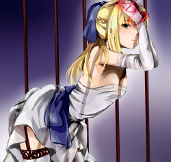 Rule 34 | 1girl, @lillia (ceko), artoria pendragon (all), artoria pendragon (fate), bdsm, bent over, blonde hair, blue ribbon, bondage, bound, breasts, dress, elbow gloves, fate/stay night, fate (series), garter straps, gloves, green eyes, hair ribbon, highres, long hair, looking at viewer, nipples, official alternate costume, ribbon, saber (fate), small breasts, solo, strapless, strapless dress, thighhighs, white gloves, white thighhighs