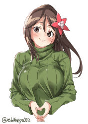 Rule 34 | 1girl, alternate costume, amagi (kancolle), blush, breasts, brown eyes, brown hair, ebifurya, green sweater, hair ornament, head tilt, high ponytail, highres, interlocked fingers, kantai collection, large breasts, leaf hair ornament, lips, long hair, looking at viewer, mole, mole under eye, ponytail, ribbed sweater, sidelocks, simple background, smile, solo, sweater, turtleneck, twitter username, wide ponytail