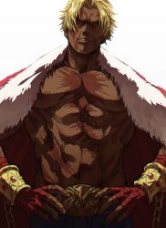 Rule 34 | 1boy, abs, bandaged hand, bandages, bara, belt, beowulf (fate), blonde hair, cape, chain, dark-skinned male, dark skin, denim, facial hair, fate/grand order, fate (series), fur trim, goatee, highres, jeans, large pectorals, looking at viewer, male focus, mature male, muscular, muscular male, pants, pectorals, red eyes, renga2250, scar, scar on chest, scar on face, smile, solo, white background