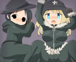 Rule 34 | 2girls, black eyes, black hair, black hat, blonde hair, blue eyes, blush, breasts, chito (shoujo shuumatsu ryokou), closed mouth, coat, combat helmet, commentary request, feet out of frame, fur-trimmed coat, fur trim, grey background, grey coat, grey pants, hat, helmet, large breasts, lets0020, long hair, looking at viewer, lying, medium bangs, multiple girls, on back, on side, open mouth, pants, short bangs, short hair, shoujo shuumatsu ryokou, spread legs, stahlhelm, yuuri (shoujo shuumatsu ryokou), zipper
