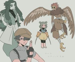 Rule 34 | 1girl, 3boys, black gloves, black hair, brown hair, brown headwear, brown wings, character request, feathered wings, fingerless gloves, geshao (the legend of luoxiaohei), gloves, green hair, hair over one eye, horns, long hair, longyan (the legend of luoxiaohei), mask, multiple boys, open mouth, orange gloves, sirakaro, luo xiaohei zhanji, wings
