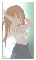Rule 34 | 1girl, blush, bra, breasts, brown eyes, brown hair, hair tie in mouth, highres, long hair, looking at viewer, mouth hold, open clothes, open shirt, original, shirt, skirt, small breasts, solo, toshi chihiro2, underwear, undressing, upper body, white bra, white shirt