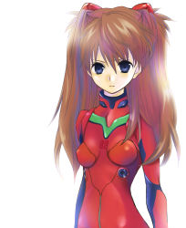 Rule 34 | 00s, 1girl, arms at sides, backlighting, bad id, bad pixiv id, blue eyes, breasts, evangelion: 2.0 you can (not) advance, female focus, hair between eyes, hair ornament, hairclip, highres, long hair, neon genesis evangelion, parted bangs, plugsuit, rebuild of evangelion, simple background, solo, souryuu asuka langley, two side up, white background, wogura
