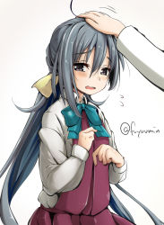 Rule 34 | 10s, 1girl, ahoge, black eyes, blush, commentary request, flying sweatdrops, fuyu mi, gradient background, grey hair, hand on another&#039;s head, kantai collection, kiyoshimo (kancolle), long hair, school uniform, solo focus, twintails, twitter username, very long hair