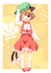 Rule 34 | 1girl, :3, animal ears, arm up, bow, brown eyes, brown hair, cat ears, cat tail, chen, ear piercing, earrings, fang, hand on headwear, hat, jewelry, long sleeves, looking at viewer, mob cap, multiple tails, nekomata, one eye closed, open mouth, outside border, paw print, piercing, pigeon-toed, pila-pela, polka dot, polka dot background, shirt, simple background, single earring, skirt, skirt set, smile, solo, tail, touhou, vest