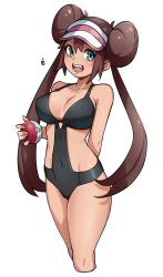 Rule 34 | 1girl, absurdres, alternate costume, arm behind back, bare arms, black one-piece swimsuit, blue eyes, blush, breasts, brown hair, cameltoe, cleavage, cleft of venus, collarbone, commentary, covered erect nipples, covered navel, creatures (company), double bun, game freak, hair bun, highres, holding, holding poke ball, knees, long hair, nintendo, one-piece swimsuit, oninuer, open mouth, poke ball, poke ball (basic), pokemon, pokemon bw2, rosa (pokemon), simple background, smile, solo, swimsuit, teeth, tongue, twintails, upper teeth only, visor cap, white background