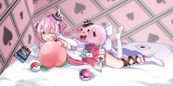 Rule 34 | 1girl, ace (playing card), ace of spades, ahoge, chinese commentary, commentary request, food, fruit, full body, green eyes, heart, heart ahoge, hololive, hololive china, looking at viewer, nintendo switch, one eye closed, peach, pink hair, playing card, poke ball, scarlet dango, single thighhigh, solo, spade (shape), spade echo, tetris, thighhighs, v, virtual youtuber, white thighhighs