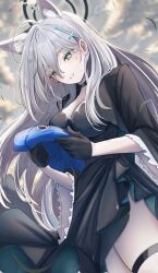 Rule 34 | 1girl, aqua eyes, black gloves, blue archive, breasts, cafenami, cleavage, gloves, grey hair, highres, large breasts, long hair, shiroko (blue archive), shiroko terror (blue archive), smile, solo