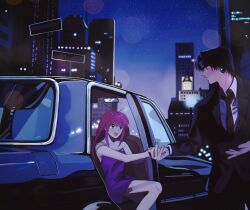 Rule 34 | 1boy, 1girl, :d, absurdres, antenna hair, black eyes, black hair, blue eyes, car, chrollo lucilfer, city, dress, earrings, formal, hands up, highres, holding hands, hunter x hunter, jewelry, looking at another, miko hxh, mirror, motor vehicle, necktie, neon nostrade, night, night sky, open mouth, pink hair, purple dress, sign, sitting, sky, sleeveless, smile, suit