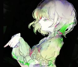Rule 34 | 1girl, black background, blonde hair, commentary request, green eyes, half-closed eyes, hand gesture, long sleeves, mizuhashi parsee, one-hour drawing challenge, open mouth, pointy ears, ribbon, shirt, short hair, simple background, solo, touhou, tsukamoto anabone