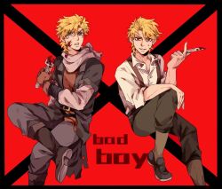 Rule 34 | 2boys, aged down, battle tendency, blonde hair, blood, blood on face, bloody weapon, caesar anthonio zeppeli, child, crossed legs, dio brando, facial mark, gloves, green eyes, holding, holding knife, jojo no kimyou na bouken, knife, layered sleeves, long sleeves, male focus, multiple boys, phantom blood, red eyes, short over long sleeves, short sleeves, suspenders, trait connection, weapon, zhoujo51