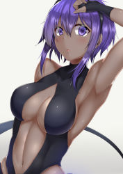 Rule 34 | 1girl, armpits, blush, breasts, cleavage, collarbone, cowboy shot, dark-skinned female, dark skin, fate/prototype, fate/prototype: fragments of blue and silver, fate (series), fingerless gloves, gloves, hand on own head, hassan of serenity (fate), leotard, looking at viewer, medium breasts, midriff, navel, open mouth, parted lips, purple eyes, purple hair, saintshiro, shiny skin, short hair with long locks, sidelocks, solo, stomach, unitard