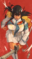 Rule 34 | 1girl, black hair, blue eyes, boots, bra, bra visible through clothes, commentary, english commentary, eyebrows hidden by hair, highres, holding, holding sword, holding weapon, jacket, khyle., kill la kill, kiryuuin satsuki, open mouth, red background, sailor collar, school uniform, skirt, solo, sword, thigh boots, thighhighs, underwear, v-shaped eyebrows, walking, weapon, wet, wet clothes, white bra, white jacket, white skirt