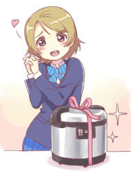 Rule 34 | 1girl, :d, blue bow, blue skirt, blush, bow, brown eyes, brown hair, drawfag, hands up, heart, indoors, koizumi hanayo, love live!, love live! school idol project, open mouth, own hands together, pink ribbon, ribbon, rice cooker, school uniform, skirt, smile, solo, sparkle, standing