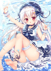 Rule 34 | 1girl, ankle ribbon, anklet, ass, barefoot, black bow, black hat, blue panties, blush, bow, caustics, chestnut mouth, child, dress, fang, feet, from below, hair between eyes, hat, jewelry, leg ribbon, long hair, looking at viewer, mitsuba choco, original, panties, parted lips, red eyes, ribbon, sailor dress, silver hair, skin fang, soles, solo, striped clothes, striped panties, thigh strap, toes, underwear, white panties