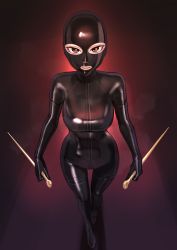 Rule 34 | 1girl, absurdres, black bodysuit, bodysuit, breasts, dagger, dual wielding, gimp mask, highres, holding, holding dagger, holding knife, holding weapon, kilye kairi, knife, large breasts, latex, latex bodysuit, mask, red eyes, reverse grip, shiny clothes, skin tight, solo, spy x family, stiletto (weapon), weapon, yor briar
