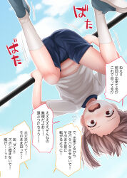 Rule 34 | 1girl, absurdres, blue background, blue footwear, blue shorts, blue sky, blush, brown hair, cloud, constricted pupils, day, embarrassed, female focus, flat chest, flying sweatdrops, forehead, from below, full body, highres, japanese text, looking at viewer, motion lines, navel, nose blush, open mouth, original, outdoors, outline, raised eyebrows, red eyes, shiny skin, shirt, shoes, short hair, short shorts, short sleeves, shorts, sky, socks, solo, speech bubble, sweat, talking, tears, tekin, translation request, twintails, upshirt, upside-down, white outline, white shirt, white socks