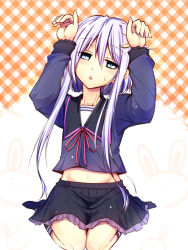 Rule 34 | 10s, 1girl, ataru (cha2batake), blue eyes, crescent, crescent hair ornament, hair ornament, kantai collection, light purple hair, looking at viewer, mouth hold, navel, open mouth, plaid, plaid background, short hair with long locks, skirt, solo, triangle mouth, yayoi (kancolle)