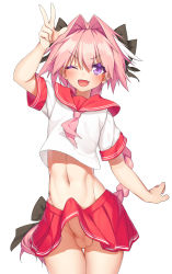 Rule 34 | 1boy, absurdres, astolfo (fate), astolfo (sailor paladin) (fate), bad id, bad pixiv id, blush, braid, bulge, commentary request, cowboy shot, erection, erection under clothes, fang, fate/apocrypha, fate/grand order, fate (series), hair intakes, hair ribbon, has bad revision, has censored revision, highres, long hair, looking at viewer, male focus, midriff, navel, neko7, no panties, official alternate costume, one eye closed, open mouth, penis, penis peek, pink hair, pleated skirt, purple eyes, ribbon, sailor collar, school uniform, serafuku, short sleeves, simple background, single braid, skin fang, skirt, smile, solo, testicles, thigh gap, trap, v, white background